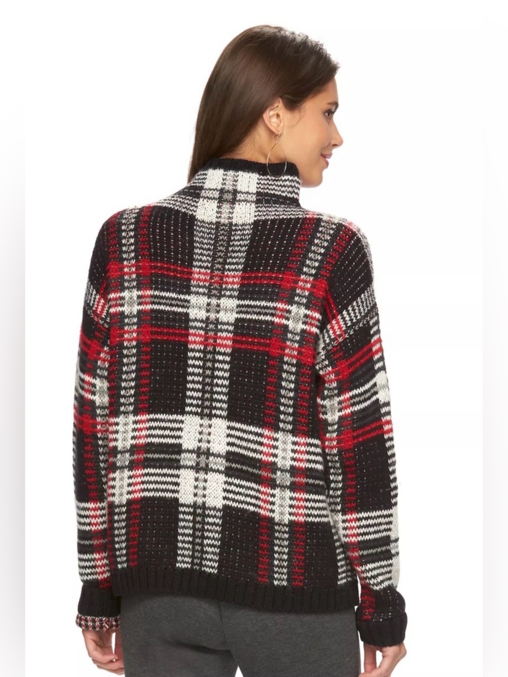 Chaps Plaid Knit Mock Neck Sweater in Black, White & Red XL
